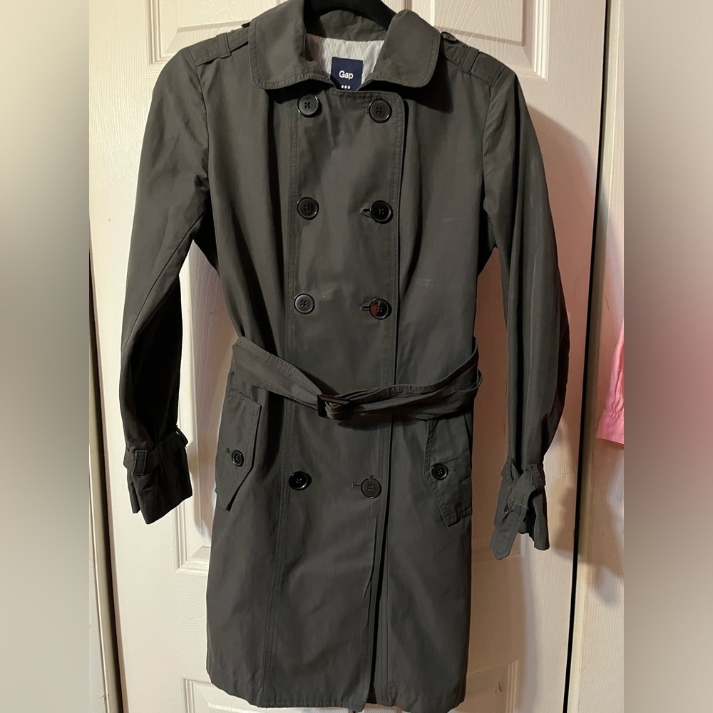 Gap Women’s Short Trench Coat. Classic Style Button Belt Green Size Small - Picture 3 of 13